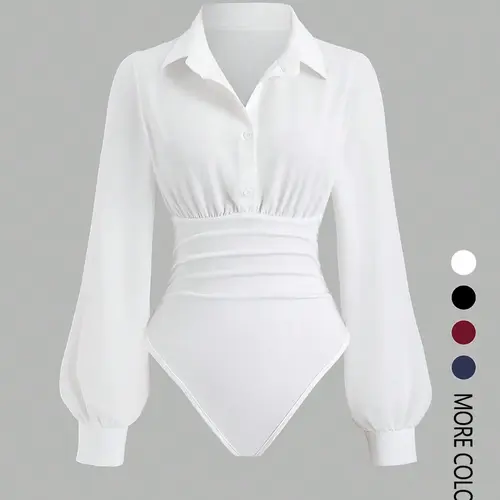 Women's solid color slim-fit V-neck long-sleeved shirt jumpsuit, elegant woven fabric, slim fit, Basic, suitable for all seasons, and can be layered flexibly, Bodysuits
