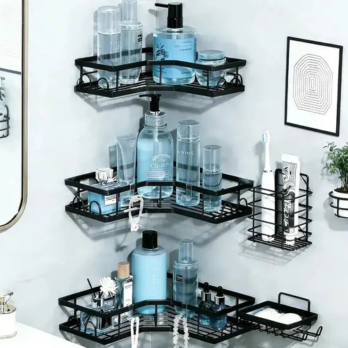 5-Pack Modern Stainless Steel Corner Shower Caddy - Rustproof, Waterproof, No-Drilling Bathroom Organizer, 40lbs Load Capacity, Space-Saving Eco-Friendly Shower Organizer, Housewarming Gift for Home Use, Powder Room, 8 Adhesive Sets, Durable, Works On Til
