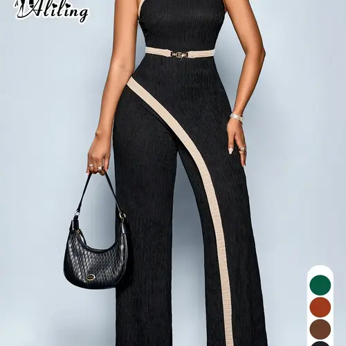 Summer Casual Elegant Women's Colorblock Patchwork Jumpsuit, Slim-Fitting High Waist Wide-Leg Jumpsuit, Sleeveless One-Piece, Garment