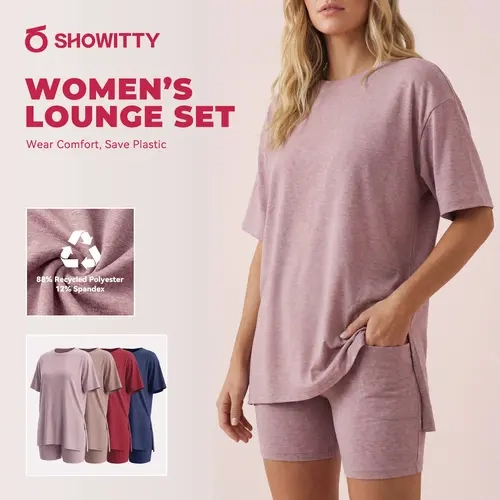 SHOWITTY Womens 2 Piece Athletic Lounge Set – Short Sleeve Crew Neck Top & Shorts with Pockets, Recycled Stretch Activewear Outfit #tiktokshopsummersale