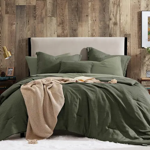 Dark Olive Green Queen Comforter Set - 7-Piece All Seasons Bedding Set, 130gsm Linen Top & 100gsm Reverse Soft Textured Bed-in-a-Bag with Sheets, Quilt for Home & Bedroom Decor, Bedding Sets