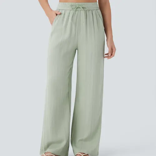 【Creator's Pick】Halara High Waisted Drawstring Pocket Wide Leg Baggy Casual Linen-Feel Pants #BackToSchool