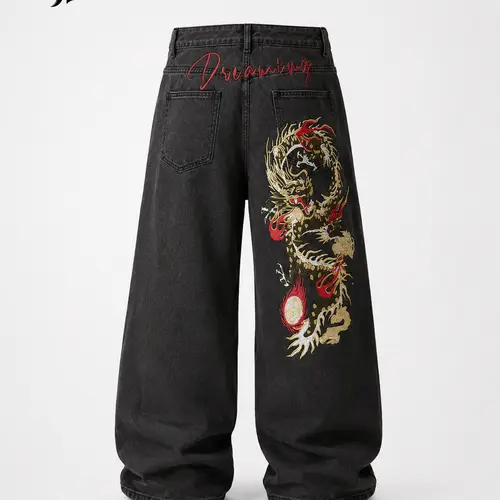 UP.THE Men's Jeans, Y2K Baggy Loose Casual Fit, Hip Hop Menswear with Dragon Embroidery, Button Detail, Classic Quality Casual Vibe, Black & Gray Wide Leg Bottoms Stylish, Baggy Jeans