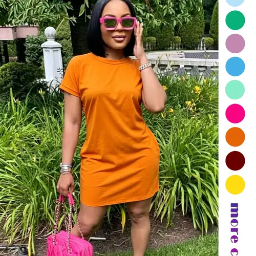 Women's Casual Dress, Loose Flowy Short Sleeve Round Neck Summer Sun Protection Dress, Comfortable Breathable Mid-Length Pocket Dress, Elastic Fit Midi Dress