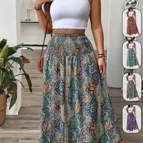 Women's Plus Size Smocked Waist Maxi Skirt Bottom, Boho Bohemian Paisley Print High-Waisted Loose Flowy A-Line Skirts for Hippie Festival, Beach and Vacation, Vintage Summer Casual Daily Stretchy Resort Wear, Casual Streetwear Skirt