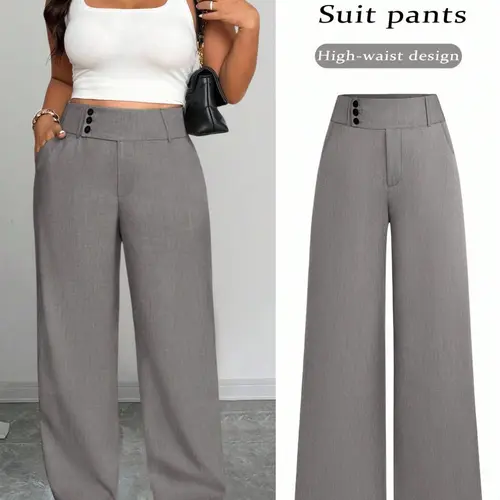 Women's Essential Plus Size Tummy Control High Waist Wide Leg Loose Pants, Bottoms, Grey Button Detail Office Workwear Business Casual Everyday Long All Season Year Round