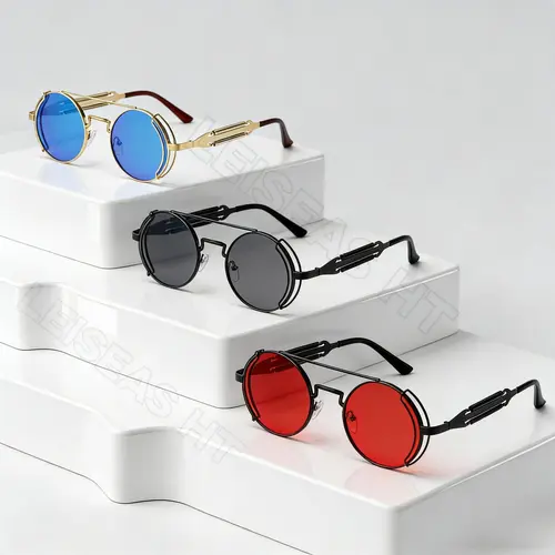 Unisex 3 Pairs Vintage Steampunk Spring-Loaded Metal Round Sunglasses - Gothic Double Bridge, UV Protection, Ideal for Cosplay Party & Events, Sports & Outdoor Eyewear