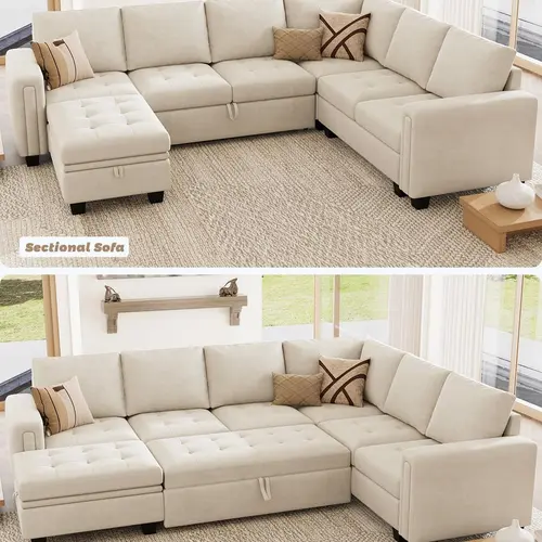 Belffin Glam 7-Seater U-Shaped Modular Sectional Sofa Set, Convertible Sofabed with Pull-Out Bed, Storage Ottoman & Customizable Lounging Seat Units for Living Room Entertaining