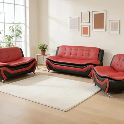 Faux Leather Sofa Set for Living Room, 3 Piece Living Room Furnituer, Modern Couch Set with 3-Seater Couch, Loveseat and Armchair (Red&Black, Chair+Sofa+Loveseat)