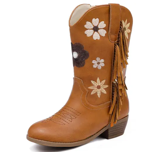 Girls' Cowboy Boots for Toddlers & Big Kids, Colorful Floral Embroidery Fringe Cowgirl Boots for Wedding, Horse Riding & Everyday Adventures, All Seasons Western Footwear