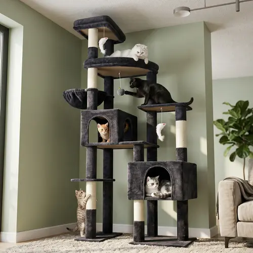 Deskat 78in Multi-Level Cat Tree for Large Felines, 2 Cat Condos, 5 Sisal Scratching Posts, 2 Perches, Hammock Relax Spot, Supports Claw Health (F78c)
