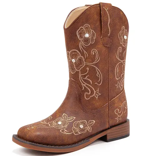 Girls' Cowboy Boots - Classic Western Decorative Floral Embroidery, Sparkly Rhinestones, Side Zipper, Mid-Calf, Square Toe, Urban Cowboy Modern Fashion Wedge Boots for Toddler Little Big Kids (Party Use)