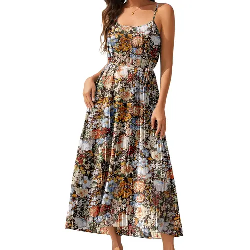 Women's Pleated Dress Chiffon Adjustable Spaghetti Strap Floral Long Dress Summer Outfits campingessentials
