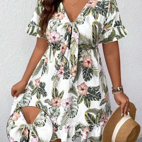 Women's Plus Size Lightweight Tummy Control Tropical Floral Mini Dress Tie Front V-Neck Flutter Sleeve Ruffle Hem Beach Vacation Summer Sundress Hawaiian Luau Outfits Casual Flowy Resort Wear Boho Print Dresses Boho Summer Holiday