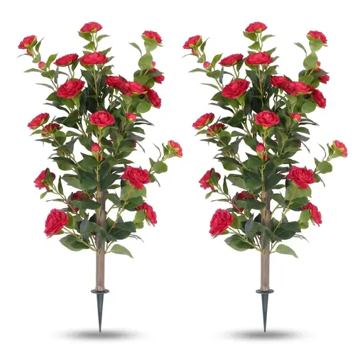 2 Pack Real Touch Artificial Camellia Flowers with Ground Spike - UV Resistant Silk Fake Flowers for Outdoor Garden, Cemetery Decoration, Window Box & Porch, 35" Tall Vibrant Faux Camellias (Red)