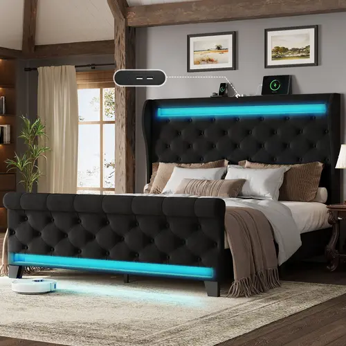 [Summer Sale Deals] Belffin Queen Size LED Velvet Platform Bed Frame, 50” Tall Upholstered Headboard with USB & Type-C Ports, Button Tufted, Heavy Duty, No Box Spring, Noise-Free – Beige