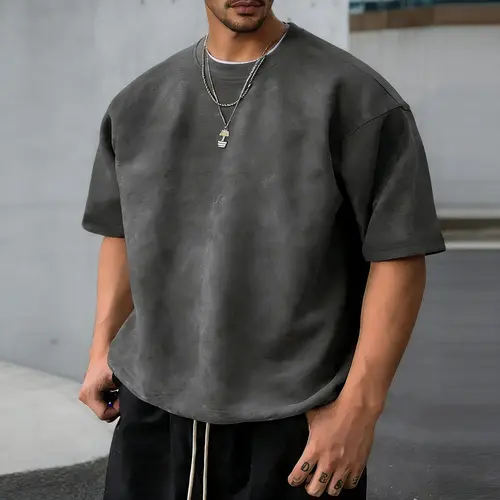 Men's Solid Color Suede Tee, Regular Fit Casual Short Sleeve T-shirt for Summer, Men's Top for Daily Wear