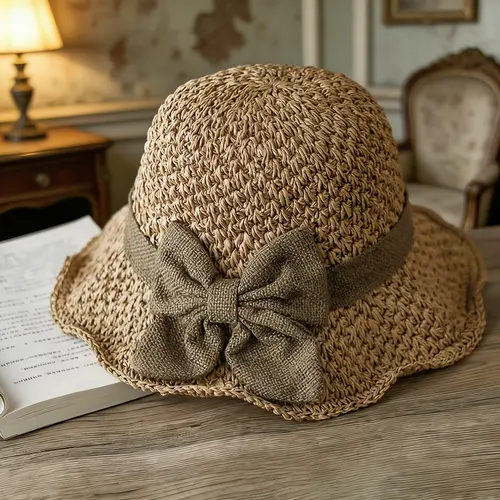 Retro Woven Handmade Straw Hat with Retro Ruffled Bow - French Beach Style, Elegant Foldable Breathable Travel Sports & Outdoor Sun Hat