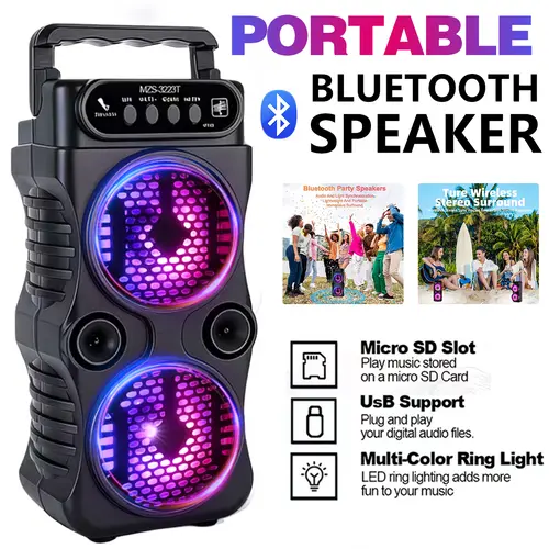 Portable Wireless Bluetooth Speaker with Big Sound, Dual RGB Vibes, Micro SD Slot, USB & USB Type-C Charging, TF Card Support, Ideal for Outdoor Travel & Indoor Entertainment