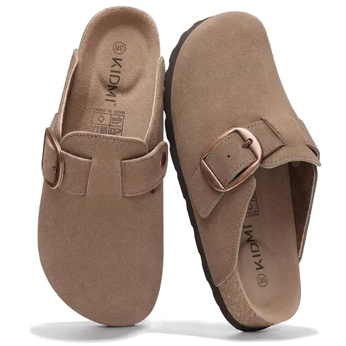 KIDMI Genuine Suede Clogs for Women Memory Foam Cork Footbed Potato Shoes Slip On Leather Mules with Big Buckle