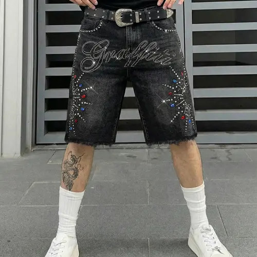 Men's Fashion Streetwear Denim Shorts, Loose-Fit Summer Casual Pants, Trendy Embellished Design, Comfortable & Stylish
