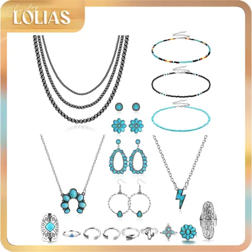 LOLIAS Women's Western Fashion Jewelry Set - Navajo Pearls, Turquoise Beaded Choker, Layered Necklaces, Earrings, Bracelet, Vintage Knuckle Rings, Adjustable Sizes, Bohemian Style for Daily Wear