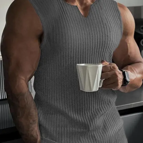 Men's Summer Tank Top, Casual Plain Notched Neck Sleeveless T-Shirt for Daily Wear, Gym Wear, Ribbed Texture, Sporty Versatile Wear, Workout Apparel, Sleeveless Sports Tops