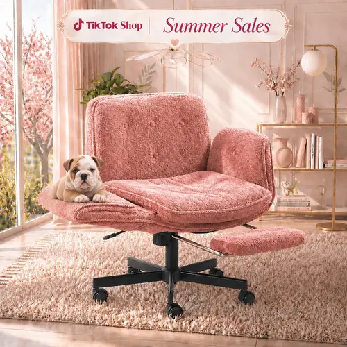 Extra Wide Seat Criss Cross Chair with Wheels – Chenille Cross Legged Office Chair Pet Chair, 5-Level Folding Armrests Chair, Adjustable Swivel Vanity Oversized Chair for Home & Bedroom work love summerwins Father's Day Gift