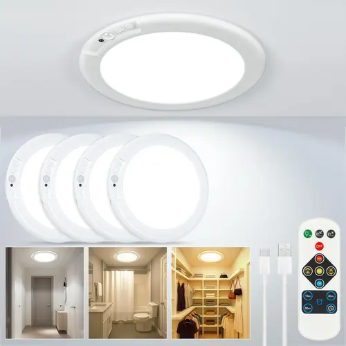 1/2/4-Pack Rechargeable Wireless Motion Sensor Ceiling Lights with Remote, Battery-Operated Magnetic Dimmable Lamp, 3-Color & RGB 12-Color, Timer, No Wiring, for Closet, Hallway, Abs, Bedroom, Sheds