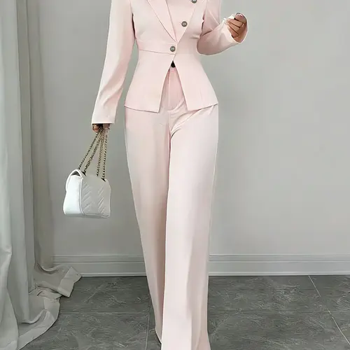 Women's Two-Piece Set Outfit Formal Blazer Pants Autumn Winter Casual Elegant Chic Minimalist Solid Color Suit Jacket Long Sleeve Slim Fit Button Front Top & Wide Leg Pants Blazer Trouser M2642