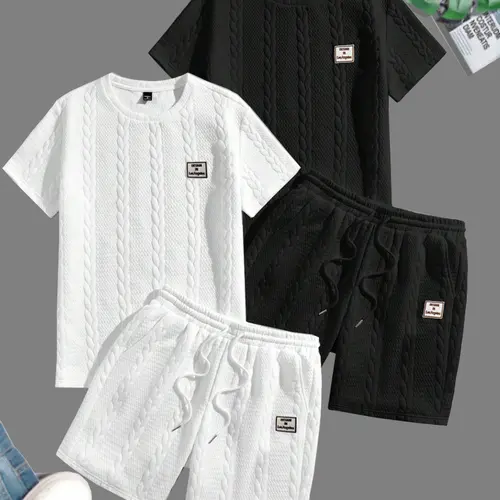 Men's 2-Piece Casual Round Neck Solid-Colored Polo Shirt & Lace-Tied Waist Shorts Set - Comfortable, Breathable Logo Sportswear for Summer Everyday Outdoor Men's Clothes, Two Piece Set,father'sdaygifts