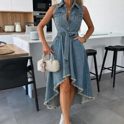Women's Summer Vintage Waist Cinched Asymmetric Hem Front Button Sleeveless Solid Denim Dress, Adjustable Waist Dress, Jean Dresses, Casual Fashion for Spring & Fall, Casual Wear