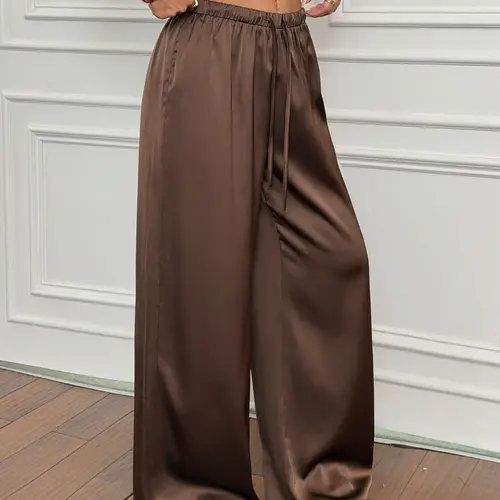 Women's Low-Waist Casual Retro Satin Long Pants,Viral Satin Wide-Leg Pants - Flowy, Elastic Waist, CasualRetro, Versatile Women' s Pants, Wide Legged Pants