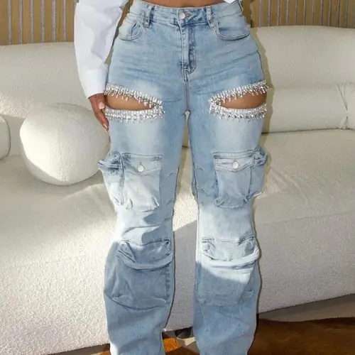 Women's Y2K Style Ripped Denim Jeans, High-Waisted Slim-Fit Elastic Design, Multi-Pocket Zip Closure, Spring & Fall Fashion