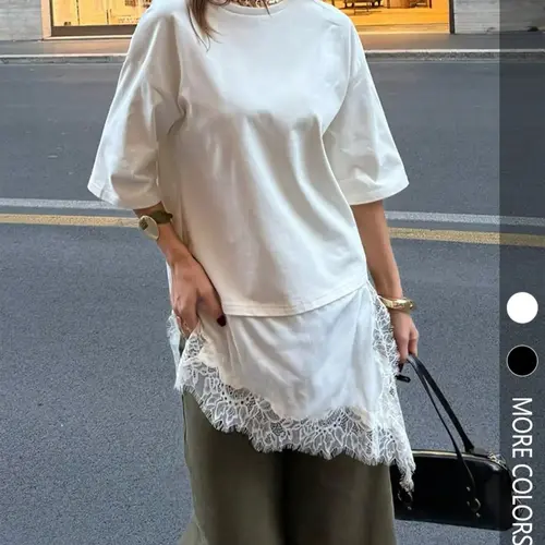 New Women's Summer Round-Neck Short-Sleeved Loose Fit Aesthetic T-Shirt, Asymmetrical Hem with Lace Detailing Top, Perfect for Everyday Wear