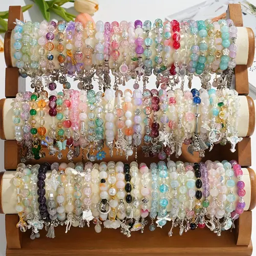 Women's 20pc Beaded Bracelets Set - Stacked Boho Glass Bead Stretch Jewelry with Floral, Heart, Butterfly Charms, Cute Accessories, Purse Stuffers for Everyday Gifting