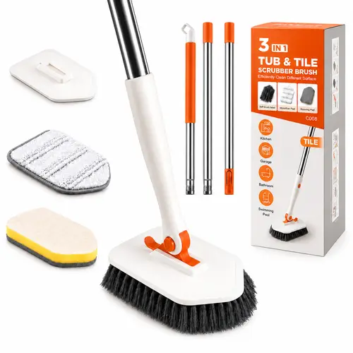 AIR U Tile Tub Scrubber Brush with 3 Different Function Cleaning Heads and 51" Extendable Long Handle-No Scratch Shower Scrubber for Cleaning Bathroom Kitchen Toilet Wall,Bathtub,Sink