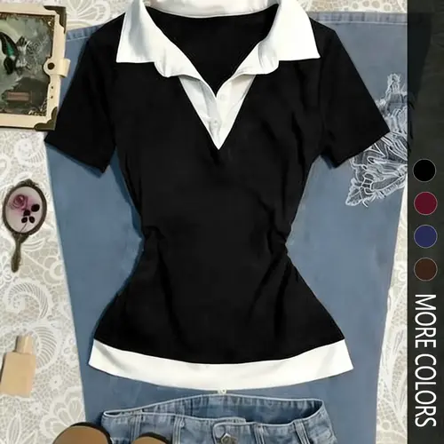 Women's Colorblock Patchwork Mock Two-Piece Shirt Collar Slim Fit Short Sleeve Top, Simple Comfortable Casual Trendy Versatile Daily Wear, Versatile Fashion All-Season Blouse