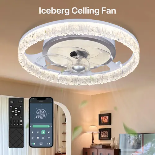 GALENTAL Plastic Frame Crystal Shine DC Ceiling Fan with Energy-Efficient Adjustable LED Lighting, Remote/APP Control, 6 Wind Speeds, Timing, Reversible Motor, 3 Color Temperatures, Low Noise, Child Lock, Auto Shut-Off, Home Decor for Living Room, Bedroom
