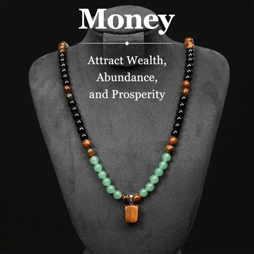 Oceantree Unisex Money Attraction Gemstone Necklace - 69cm Chain Sweater Chain with Green Aventurine, Tiger Eye Healing Crystal Stones, Thoughtful Gift for Anniversaries, TikTok Shop Back to School, Party‑Ready Charm