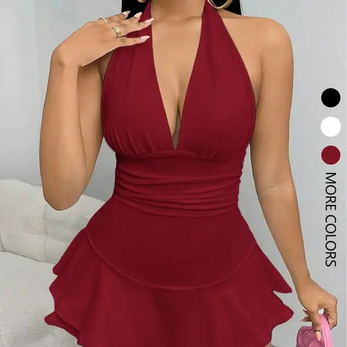 Women's Simple Solid Backless Halter One-Piece Romper, Fitted Rompers, Outfit, Ruffled Hem, Sleeveless, Casual Summer, Fashionable, Chic, Aesthetic and Comfortable, Minimalist, Halter Backless Jumpsuit
