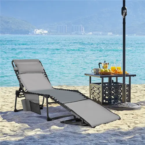 Costoffs Iron Armless Folding Outdoor Patio Tanning Lounge Chair for Adults, 5-Position Adjustable Reclining, Arm Slots, Face Hole, Handy Storage, 600D Texteline Sun Damage-Resistant, Pre-Assembled, Back Tanning Use