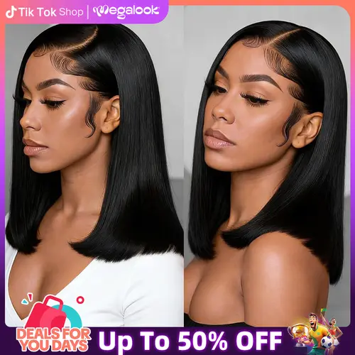 [Crazy Sale] Megalook Bob Wig Natural Black 13x6 Gluleless Wig HD Lace Frontal Short Straight Bob Wigs for Black Women 180% 250% Density #Summervibes