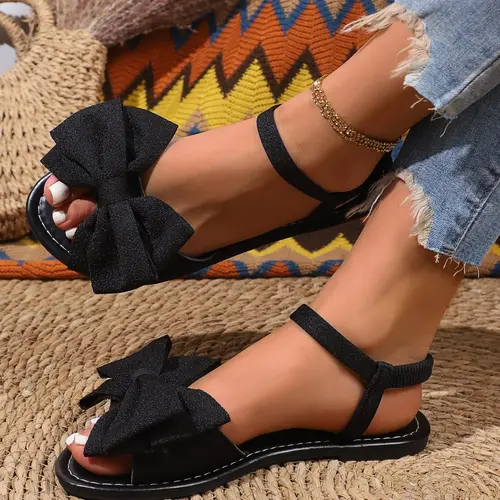 Wide Width Flat Sole Sandals for Women, Flats Sandals Oversized Bow Design Slip-On Summer Shoes, Elastic Ankle Strap Open Toe Sandals, Fashionable Daily Wear Sandals