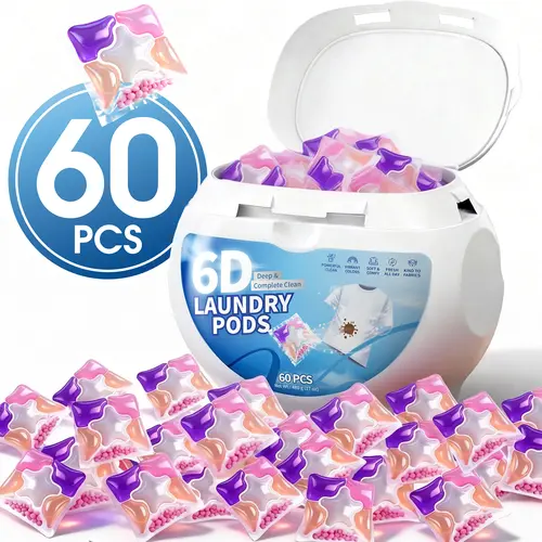 60-Pack 6-in-1 Laundry Clean Pods for Washing & Cleaning Clothes, Stain-Fighting Odor Removal Wash, Brightening & Long-Lasting Fresh Scent, Quick-Dissolve for Cold/Hot Wash, Safe for HE & Standard Machines