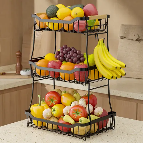 2/3-Tier Square Metal Fruit Basket Stand, Durable Kitchen Supplies Storage Unit with Space-Saving Stackable Design, Large Capacity Hold for Fruits, Snacks, Bread, Produce, Stylish Countertop Home Organizer