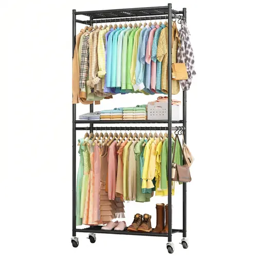 Freestanding Black Metal Garment Rack with Shelves, Iron Spray Coated Clothes Storage Organizer for Bedroom Closet, Heavy Duty Clothing Rack for Hanging Jackets, Dresses and Shoes, Multi Functional Wardrobe Stand for Home Storage