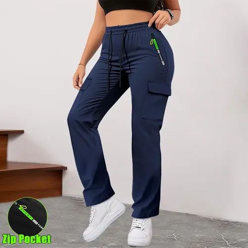 Women’s cargo pants with multiple pockets for spring and autumn—thin, straight-leg casual long pants featuring zippered pockets and an elastic waistband, suitable for outdoor sports and everyday outings.Summervibes