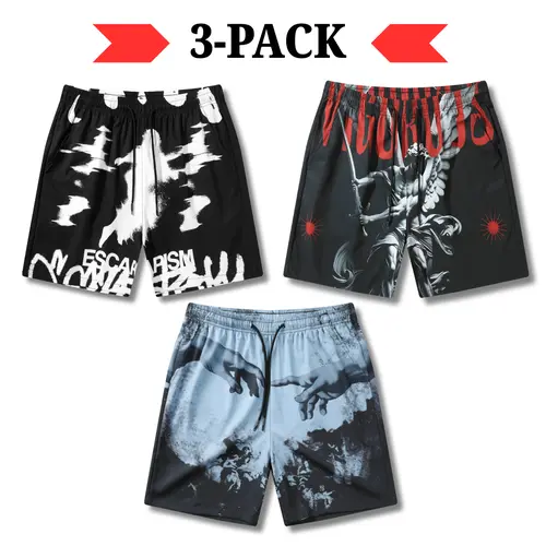 Men's 3-Pack Beachy Multi-Colored Hawaii-Inspired Loose-Fitted Pullstring Casual Summer Shorts Sets, Natural Waist, All-Over Tropical Print, Comfy with Pocket, Trendy Sportswear Bottoms, Beachy Men's Shorts, Multi-Colored Men's Shorts