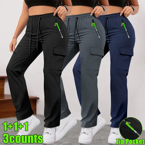Women’s 3-pack cargo pants for spring/autumn, featuring a green colorway and zippered pockets; stylish design with large patch pockets and a drawstring elastic waistband. Casual outdoor long pants suitable for jogging and everyday wear.Summervibes